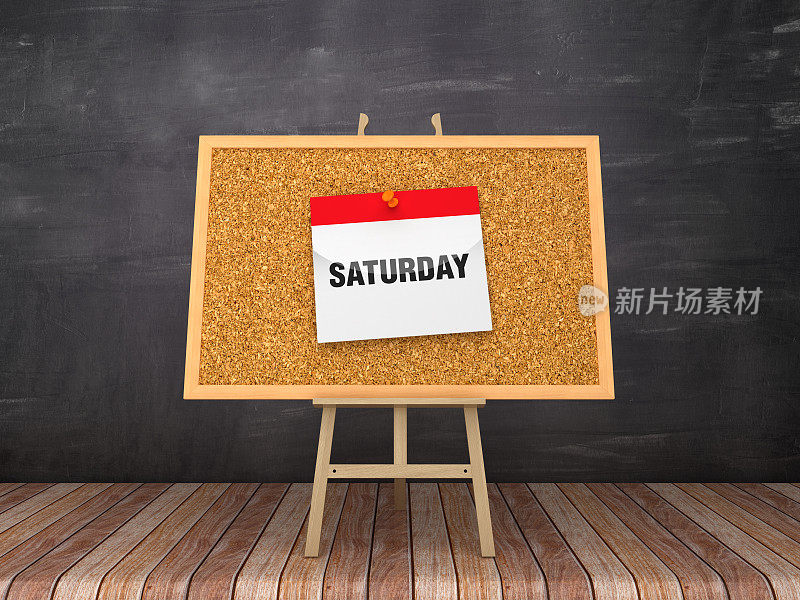 画架与星期六日历在木板框架-黑板背景- 3D渲染